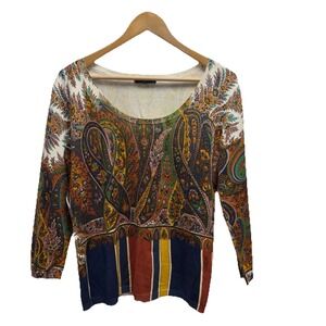 Etro Women's Sz 48 Multicolor Silk Floral Paisley Scoopy Neck 3/4 Sleeve Top euc